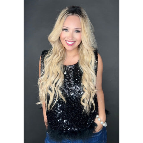 Feathered Black Sequin Crop Top (2X)